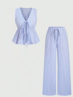 Striped Tie-front Sleeveless Top Pants Set (7)