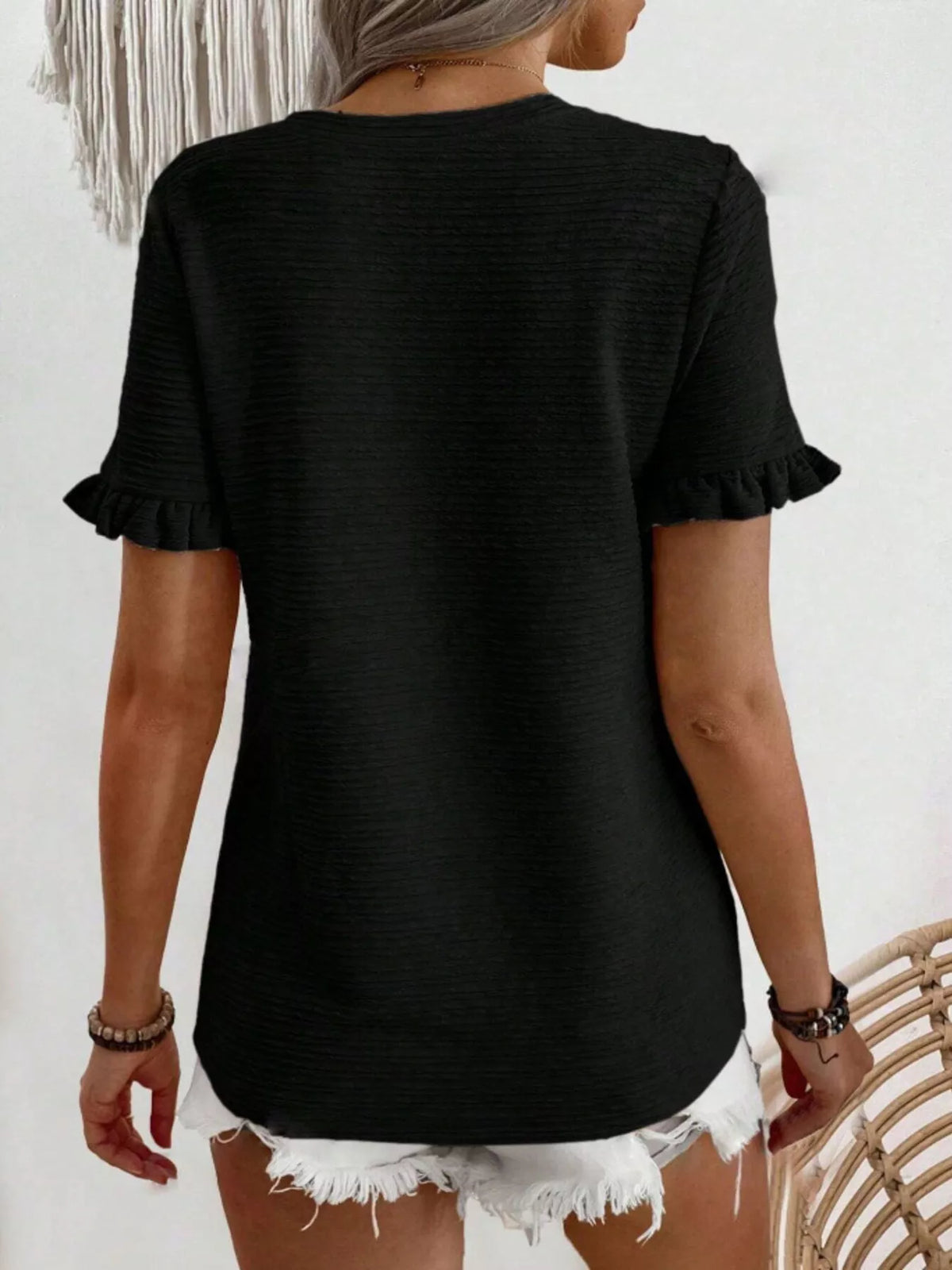 Textured Ruffle Sleeve Round Neck T-shirt (24)
