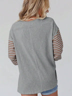 Round Neck Striped Long Sleeve Slit T-shirt (2)