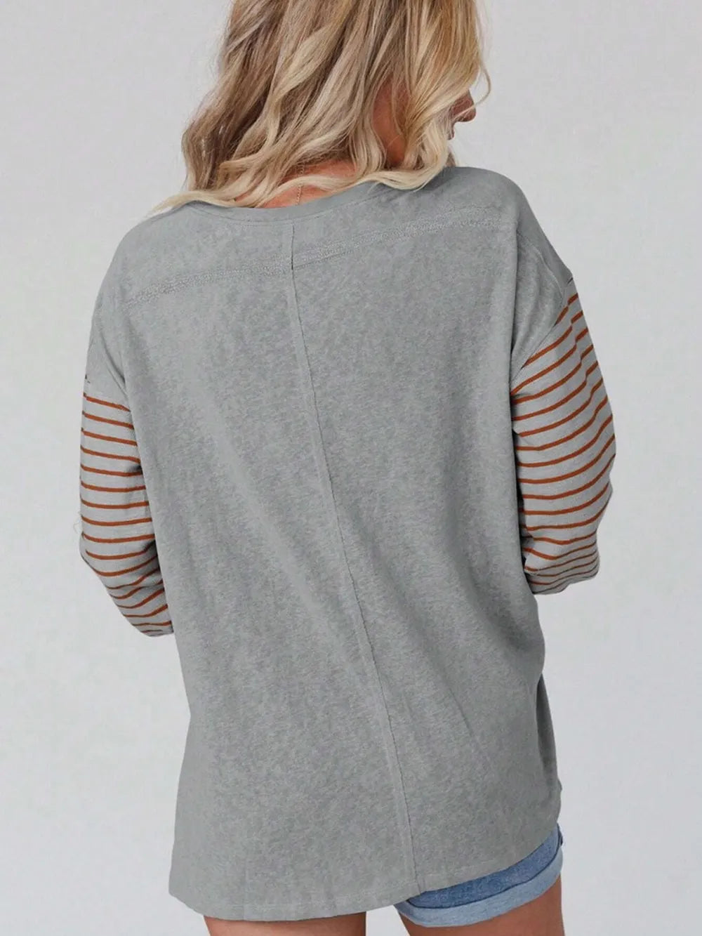 Round Neck Striped Long Sleeve Slit T-shirt (2)