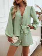 Tied Long Sleeve Top Shorts Set (2)