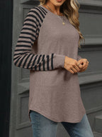 Striped Round Neck Raglan Sleeve T-shirt (11)