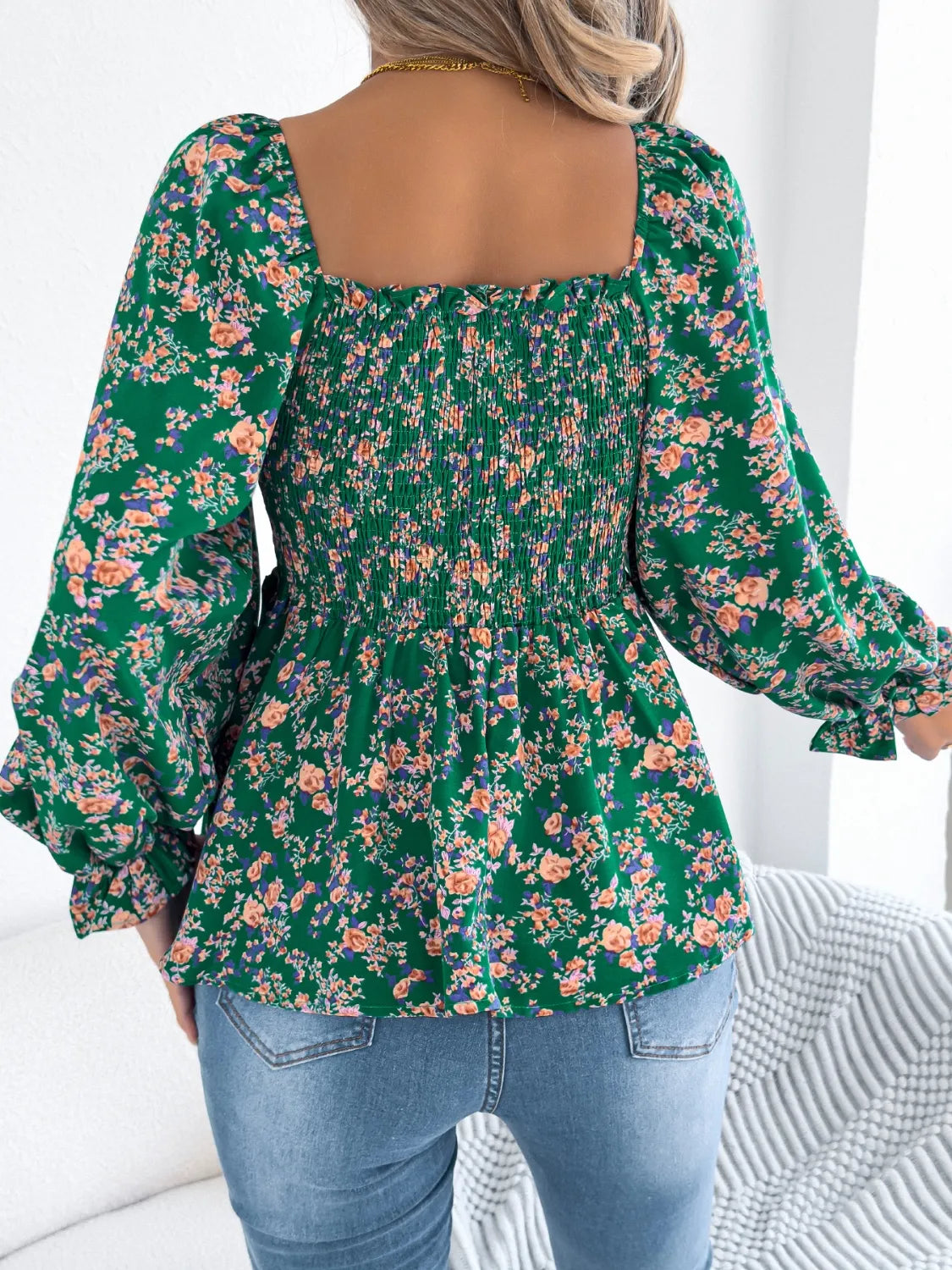 Floral Square Neck Flounce Sleeve Blouse (10)