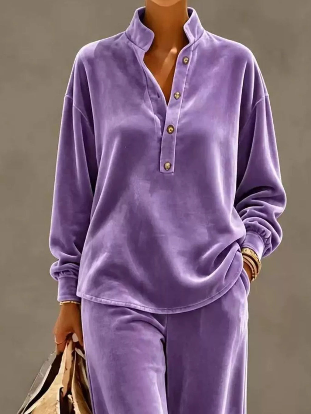 Full Size Half Button Top Wide Leg Pants Set Plus (18)