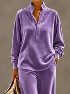 Full Size Half Button Top Wide Leg Pants Set Plus (18)