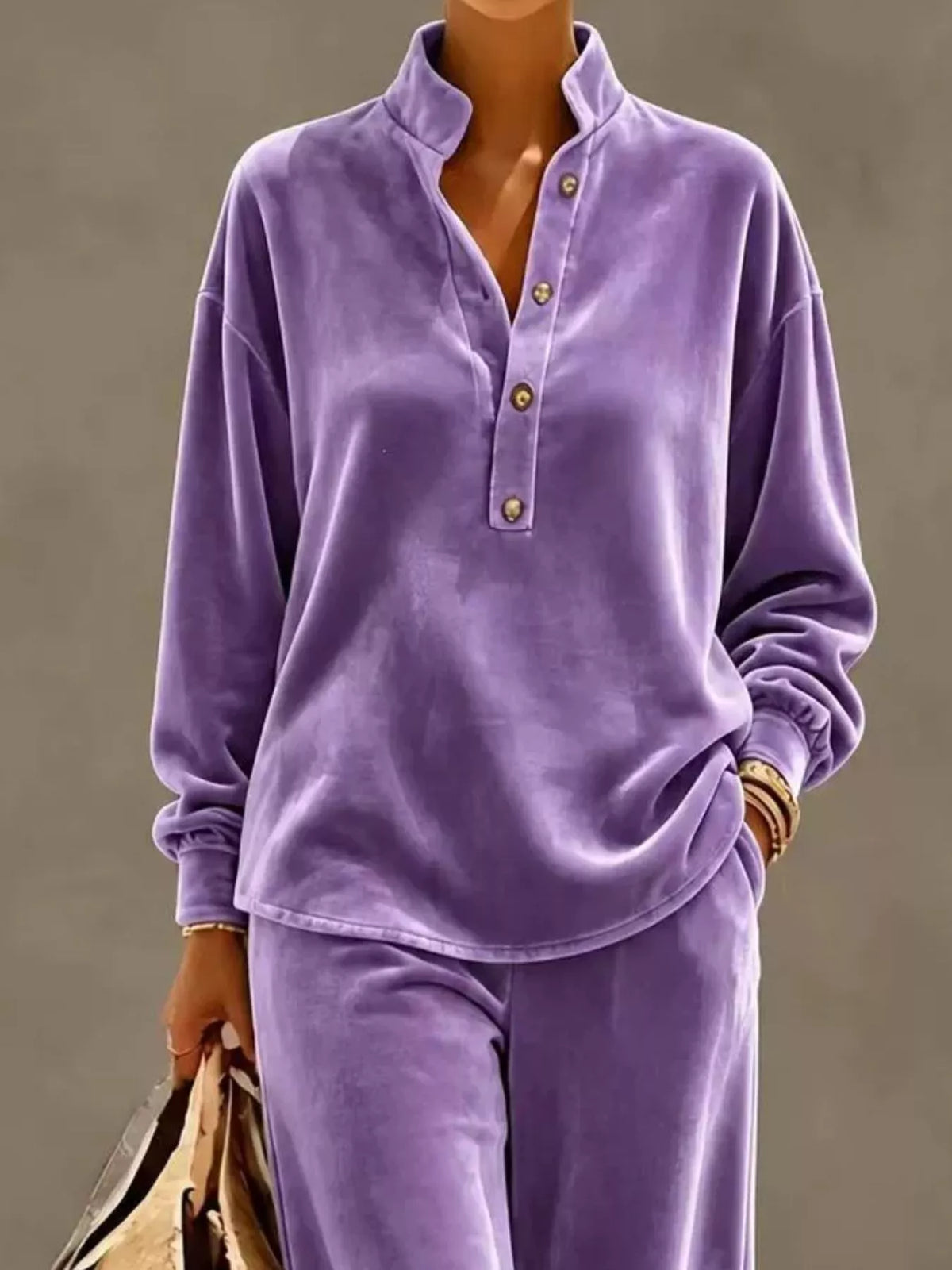 Full Size Half Button Top Wide Leg Pants Set Plus (18)