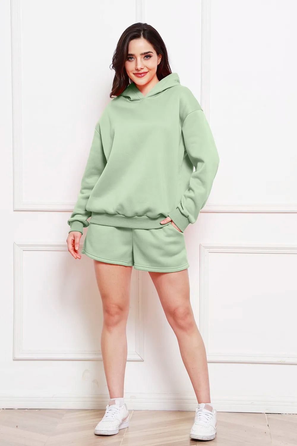 Drop Shoulder Long Sleeve Hoodie Shorts Set (13)