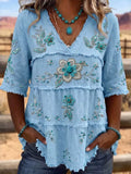 Full Size Floral Raw Hem V-neck Blouse Plus