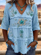 Full Size Floral Raw Hem V-neck Blouse Plus
