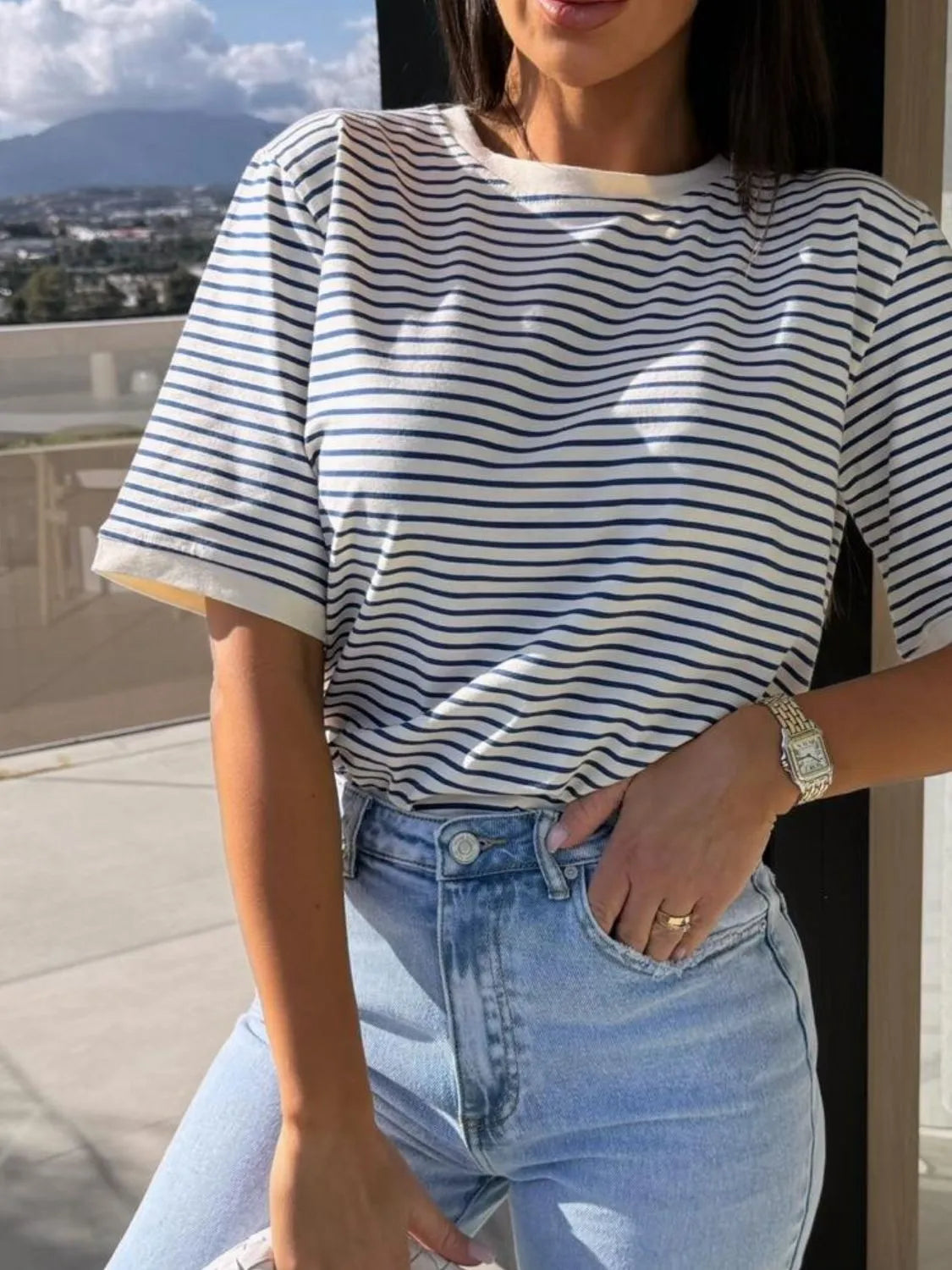 Striped Round Neck Short Sleeve T-shirt (12)