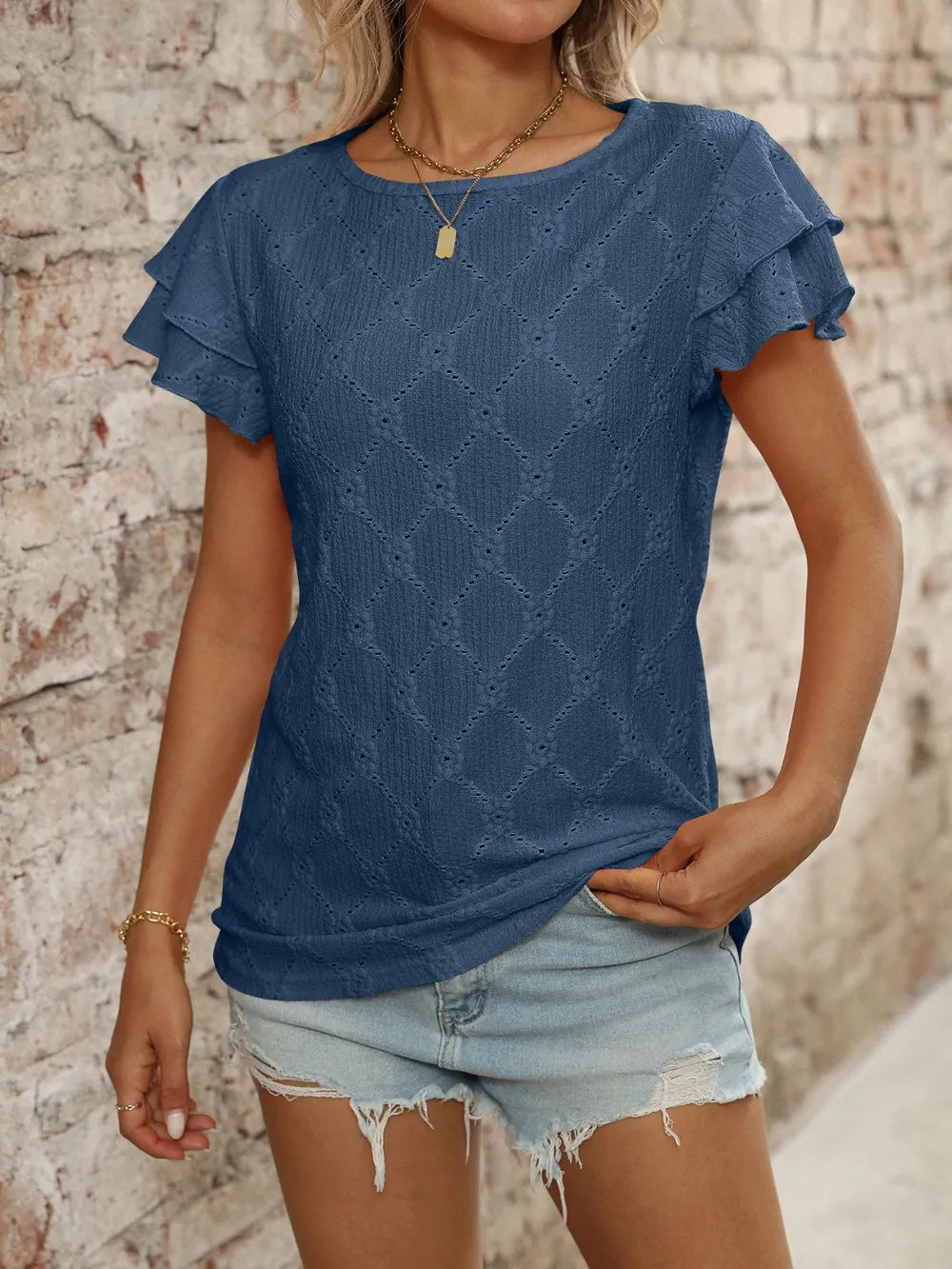 Eyelet Round Neck Double Layered Ruffled Short Sleeve Top (14)