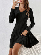 Ribbed Knit Long Sleeve A-line Dress (2)