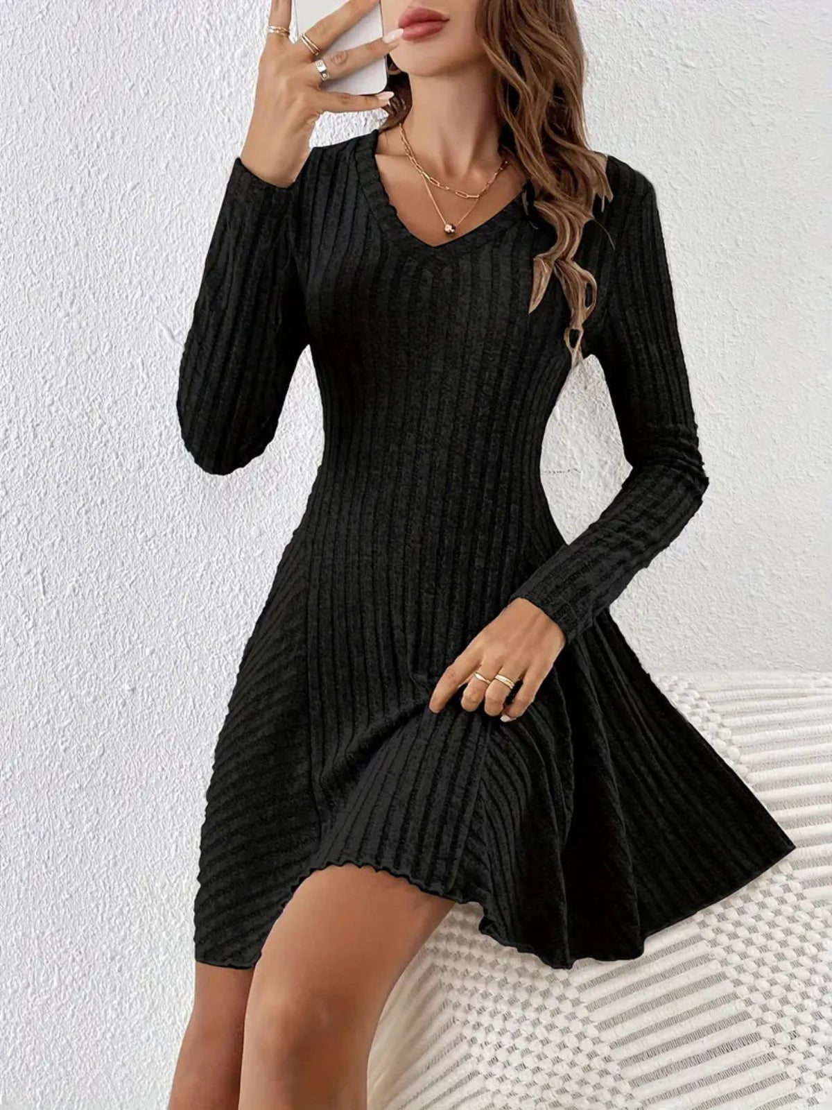 Ribbed Knit Long Sleeve A-line Dress (2)