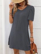 Textured Round Neck Short Sleeve Mini Dress (23)