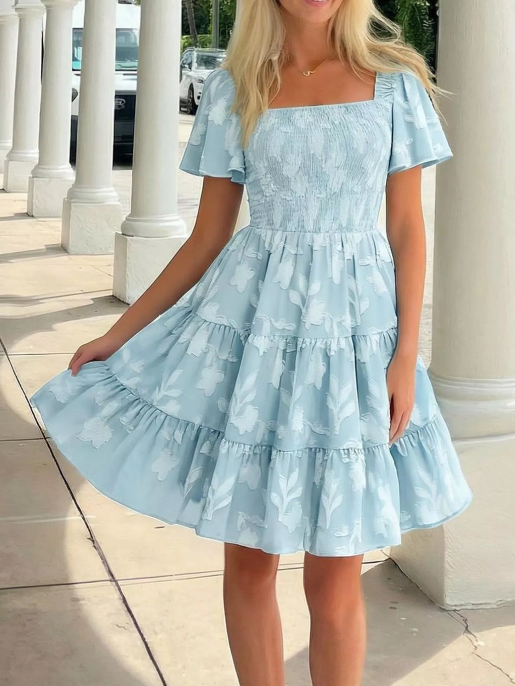 Smocked Square Neck Tiered Mini Dress (4)