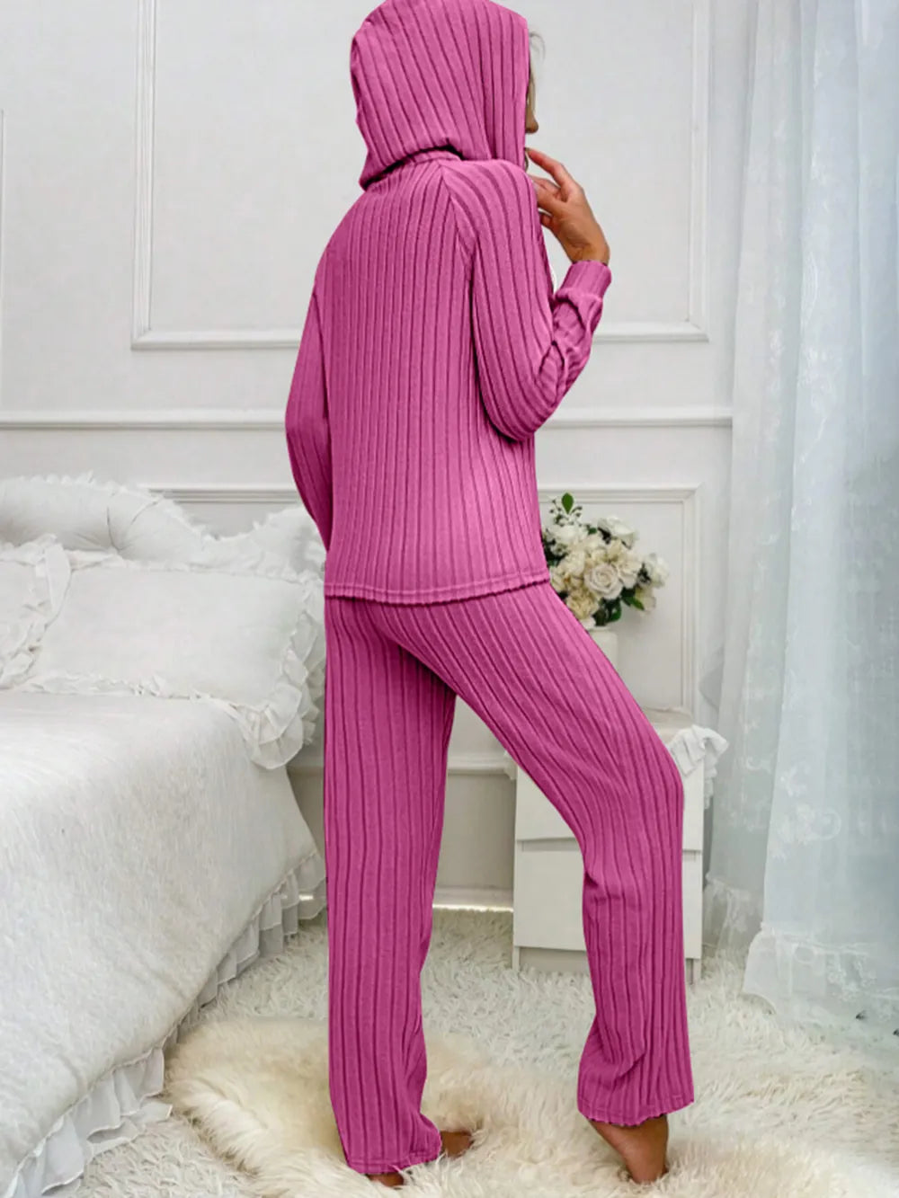 Drawstring Half Button Hooded Top Ribbed Pants Set (11)