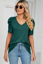Heathered V-neck Puff Sleeve T-shirt (24)