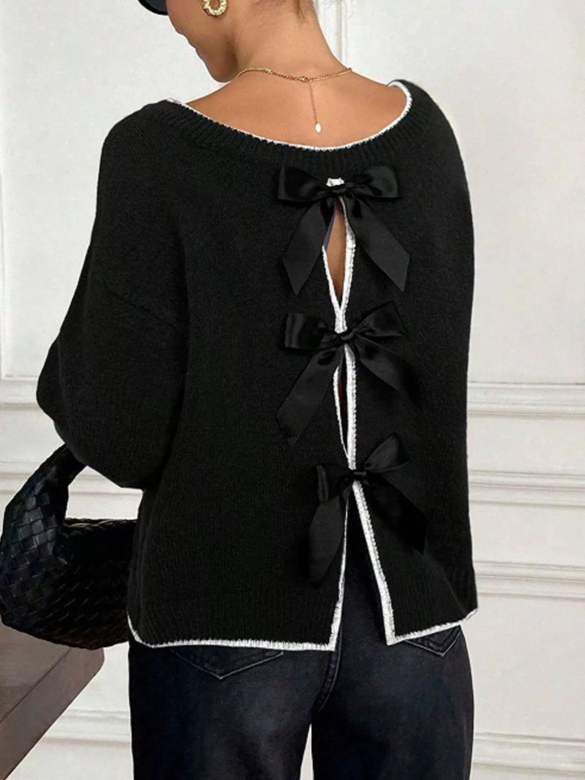 Back Bowknot Decor Round Neck Sweater (6)