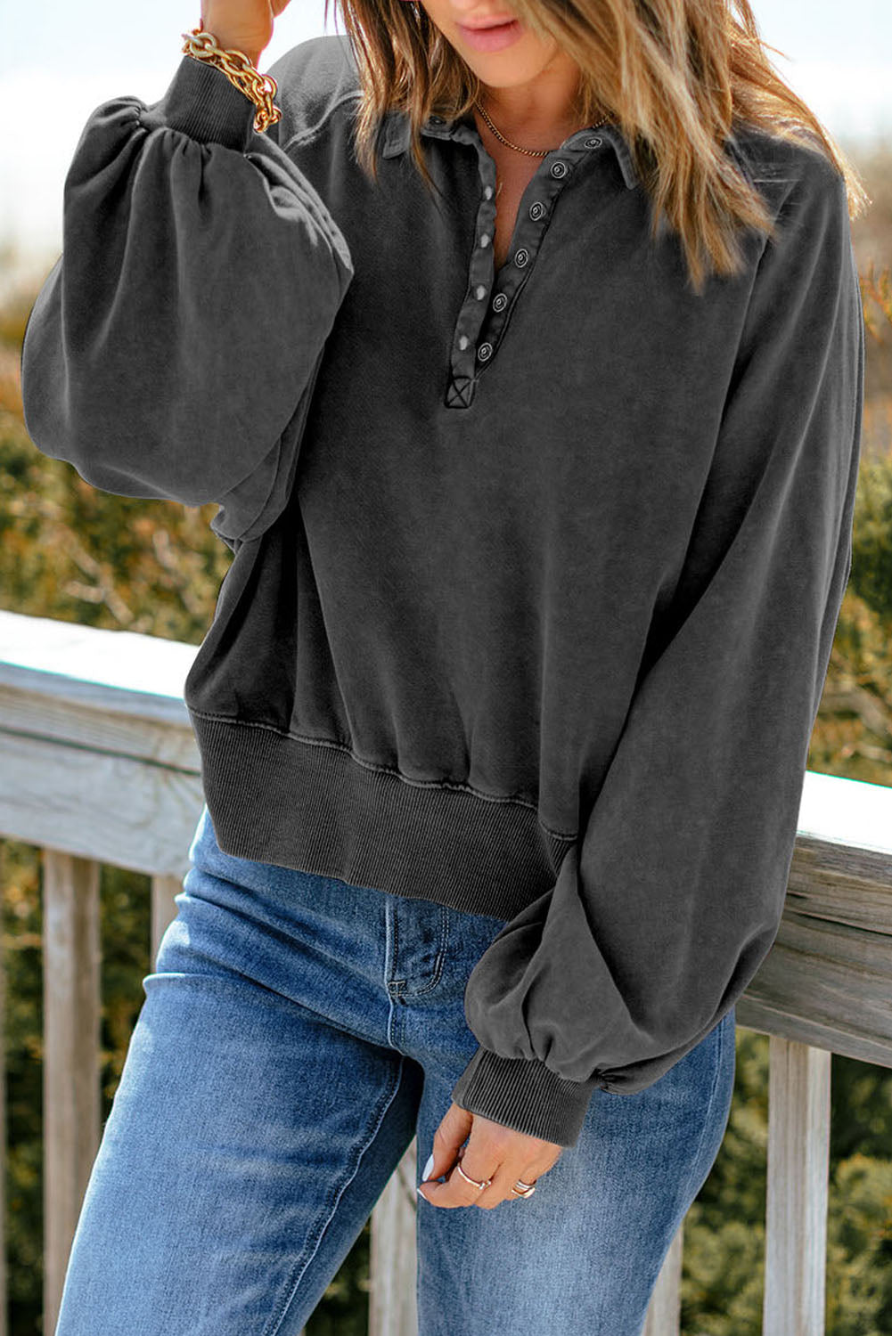 Quarter-snap Collared Lantern Sleeve Sweatshirt (6)