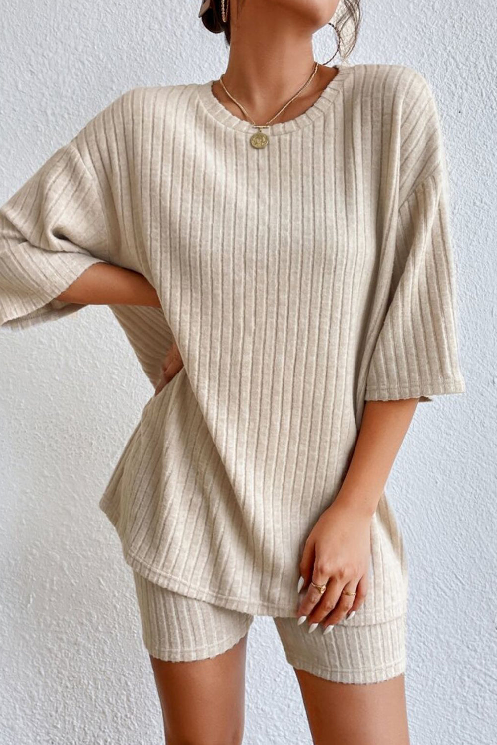 Round Neck Ribbed Top Shorts Lounge Set (8)