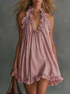 Full Size Ruffled Trim Halter Neck Mini Dress Plus