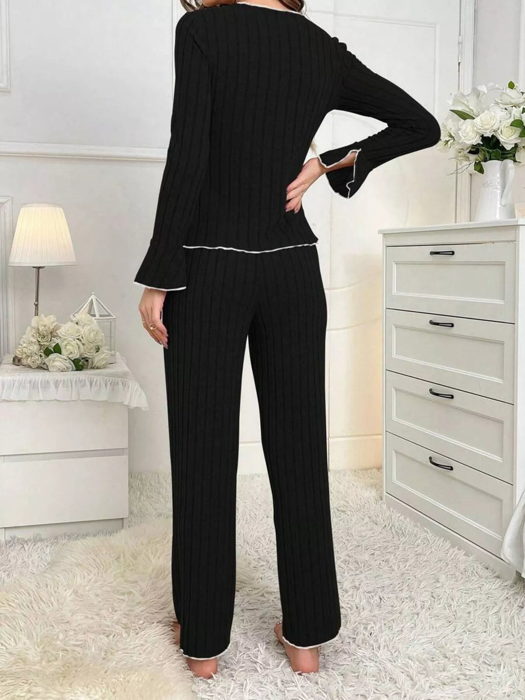 Contrast Bow Detail Top Pants Lounge Set (6)