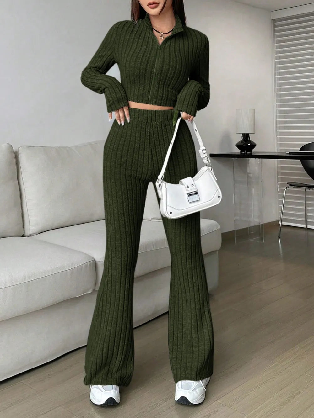 Zip Up Long Sleeve Top Pants Set (10)
