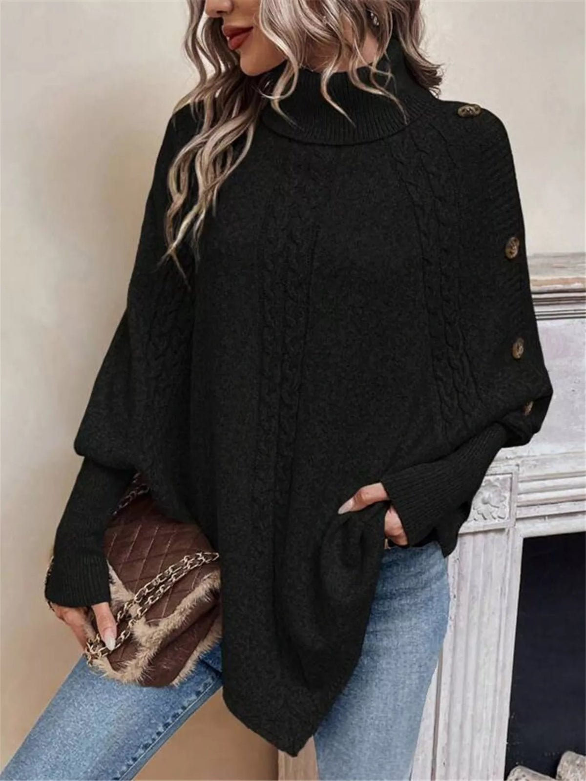 Cable Knit Turtleneck Cape Sweater (9)