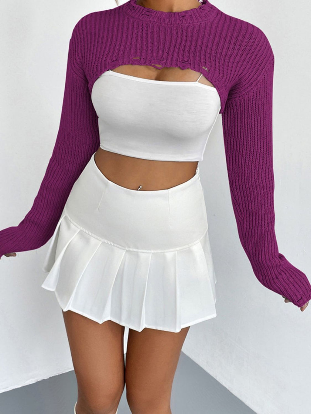 Distressed Long Sleeve Cropped Sweater (11)