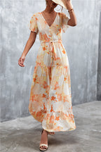 Floral Buttoned Drawstring Waist Tiered Dress (14)