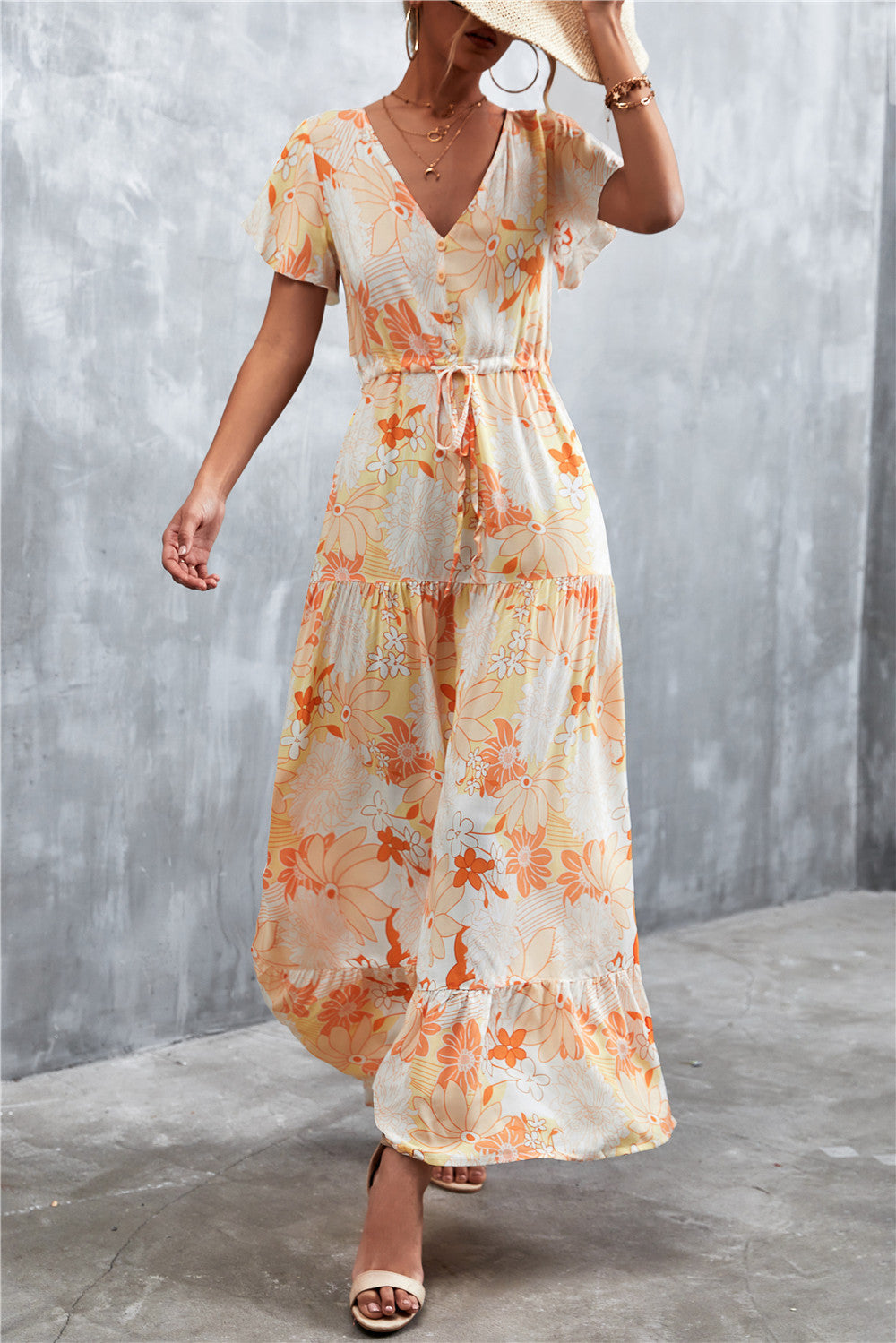Floral Buttoned Drawstring Waist Tiered Dress (14)
