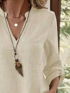 Casual V-neck Roll-sleeve T-shirt Pocket (10)
