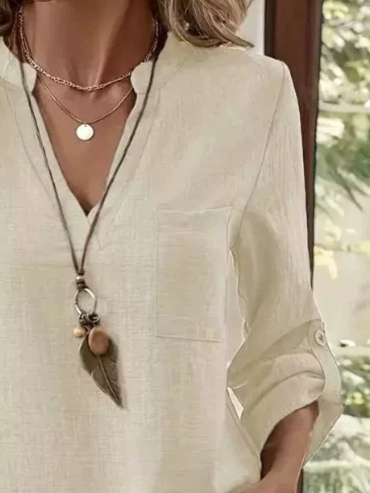 Casual V-neck Roll-sleeve T-shirt Pocket (10)