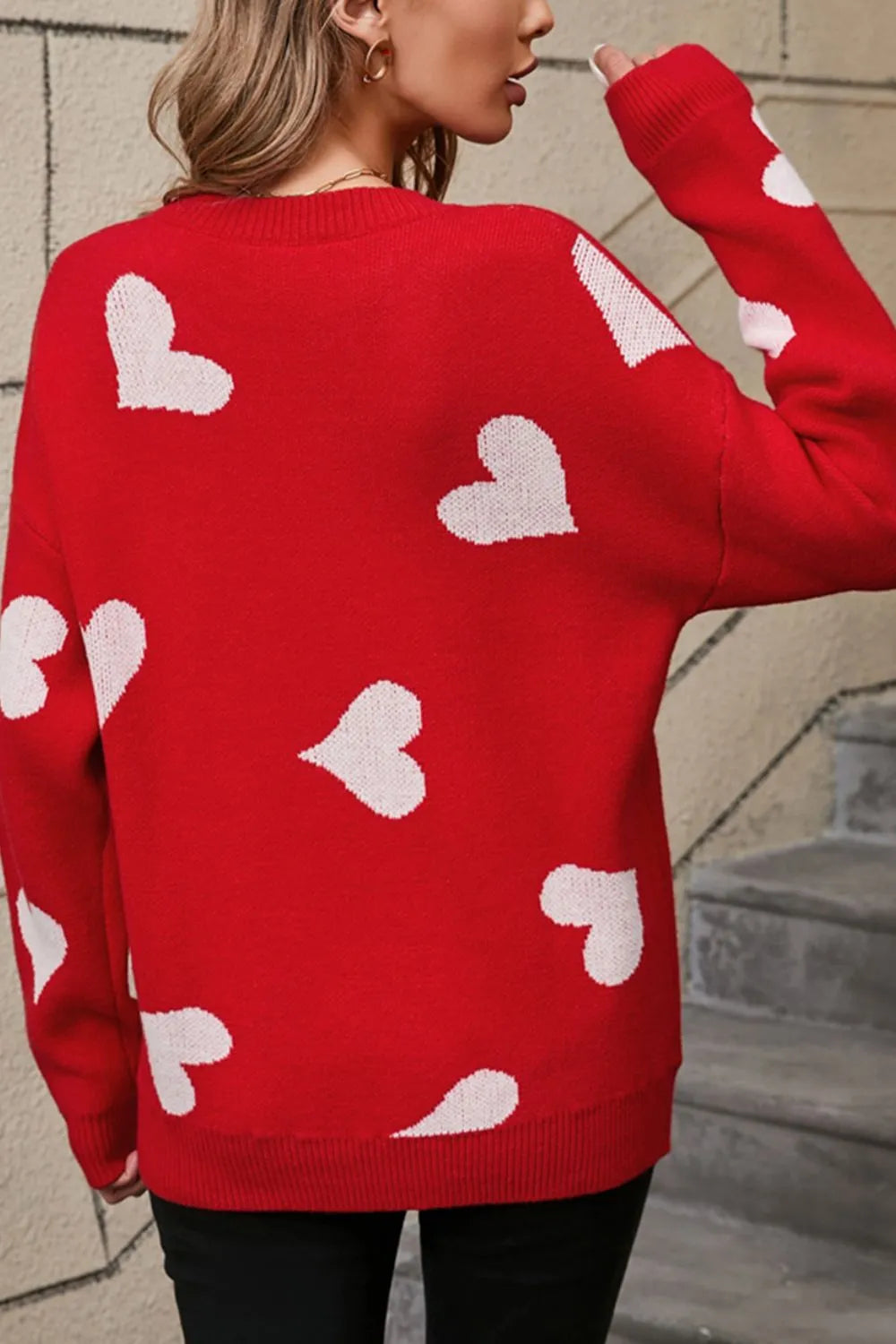 Heart Round Neck Dropped Shoulder Sweater (6)