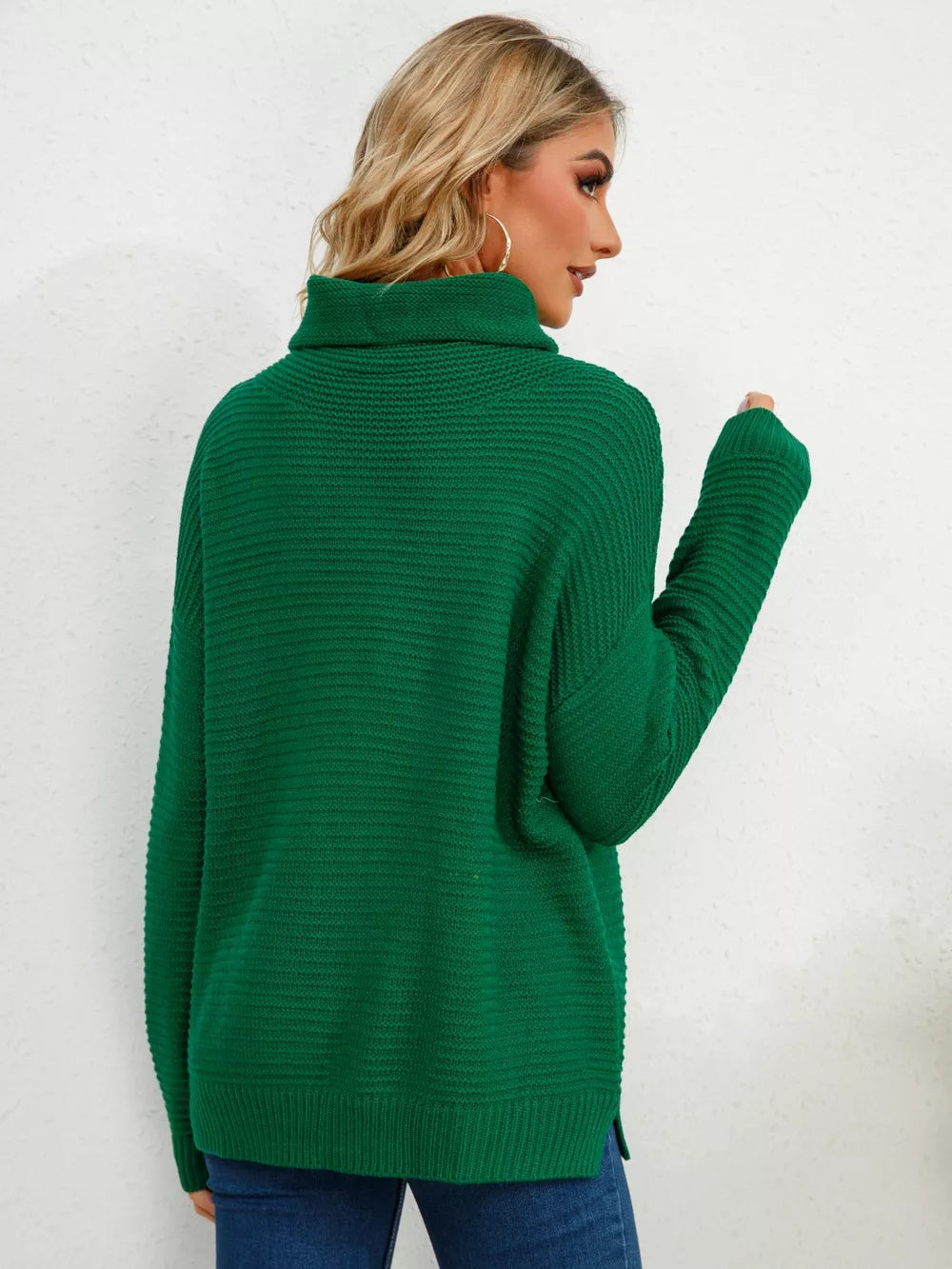Slit Turtleneck Dropped Shoulder Sweater (2)