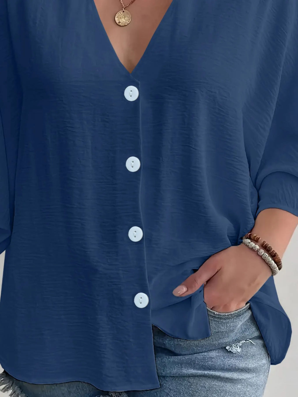 Full Size Casual V-neck Button Down Relaxed Fit Blouse Plus (18)