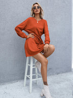 Drawstring Round Neck Dropped Shoulder Mini Dress (4)