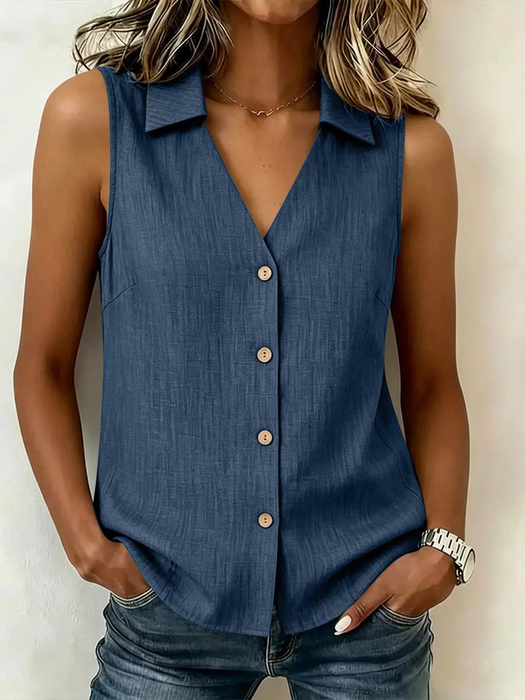 Full Size Button-up Collared Neck Sleeveless Top Plus