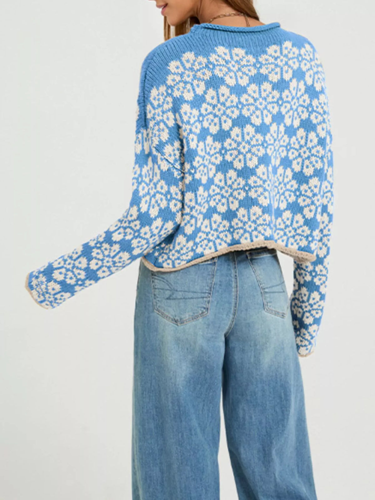 Floral Contrast Trim Dropped Shoulder Sweater (4)