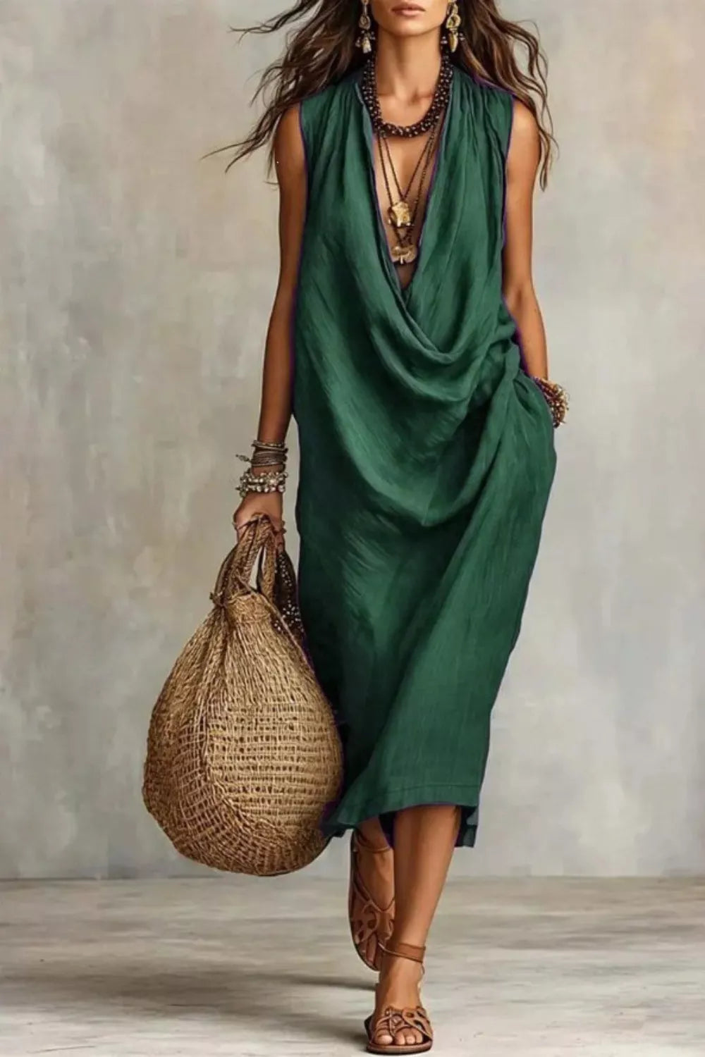 Sleeveless Drape Neck Midi Dress (7)