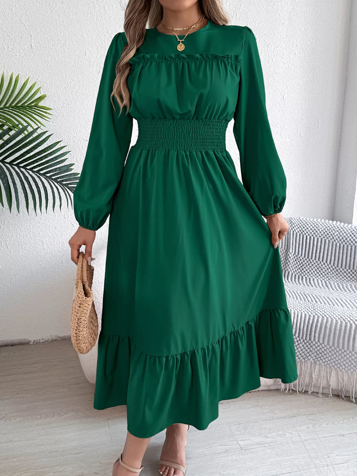 Round Neck Balloon Sleeve Tiered Dress (5)