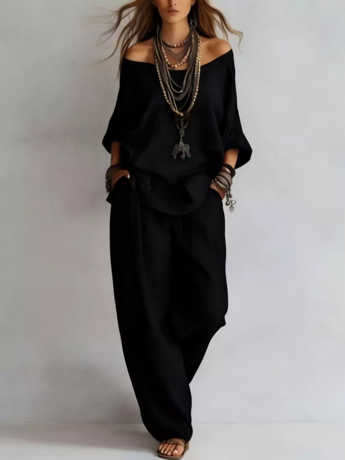 Off-shoulder Loose Fit Top Pants Two-piece Set (10)