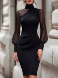 Turtleneck Sheer Sleeve Ruched Bodycon Dress