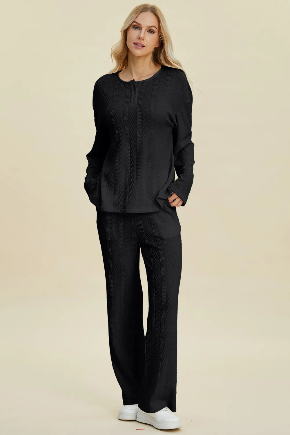Full Size Cable-knit Long Sleeve Top Pants Set (3)