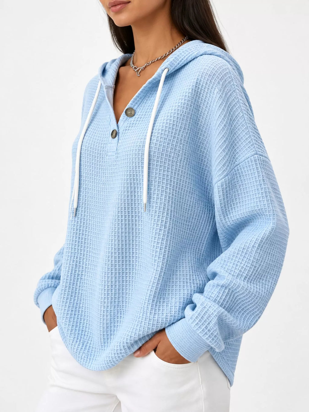 Full Size Waffle Knit Button Detail Hoodie Plus (6)