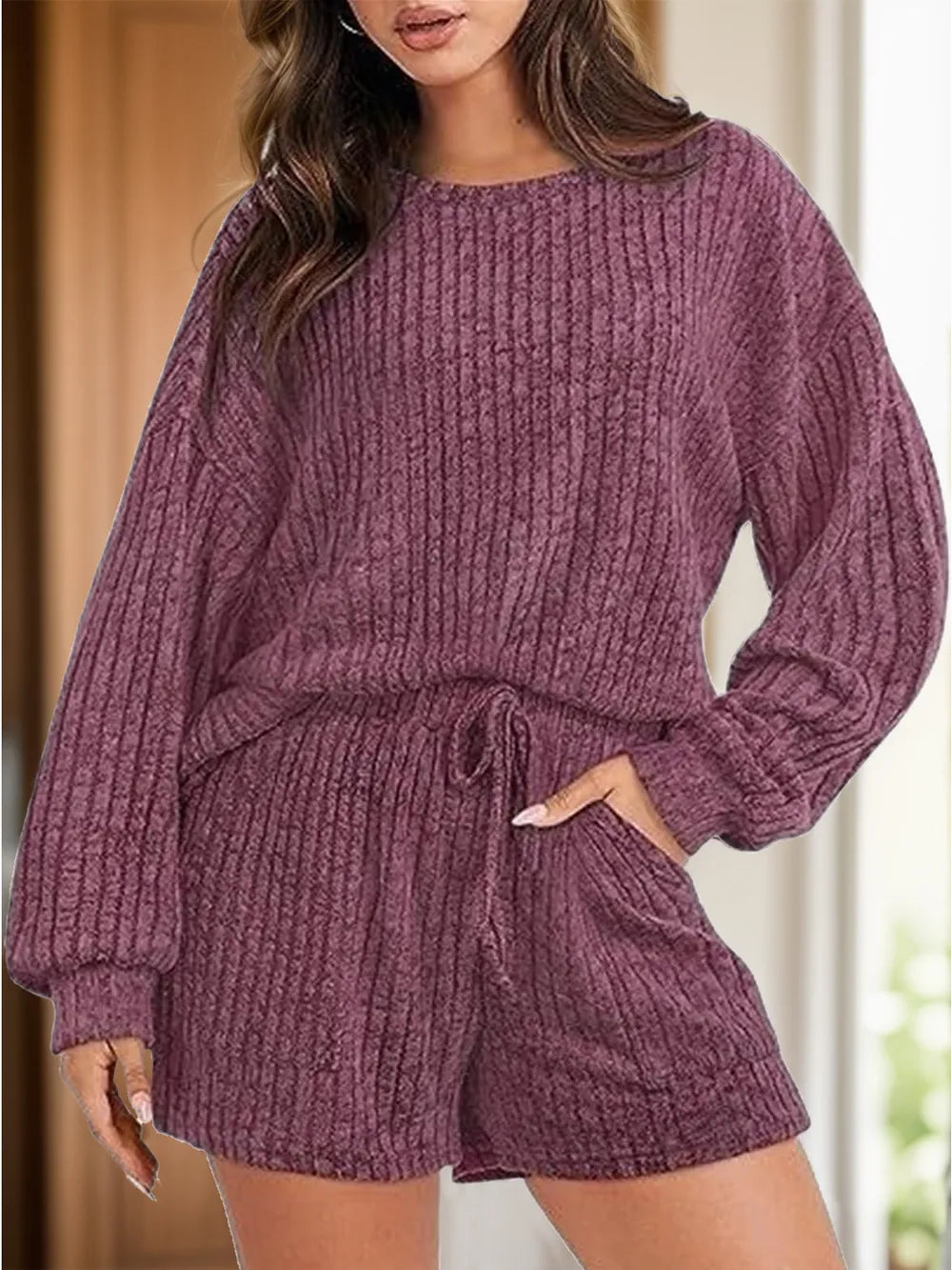Round Neck Dropped Shoulder Top Shorts Set