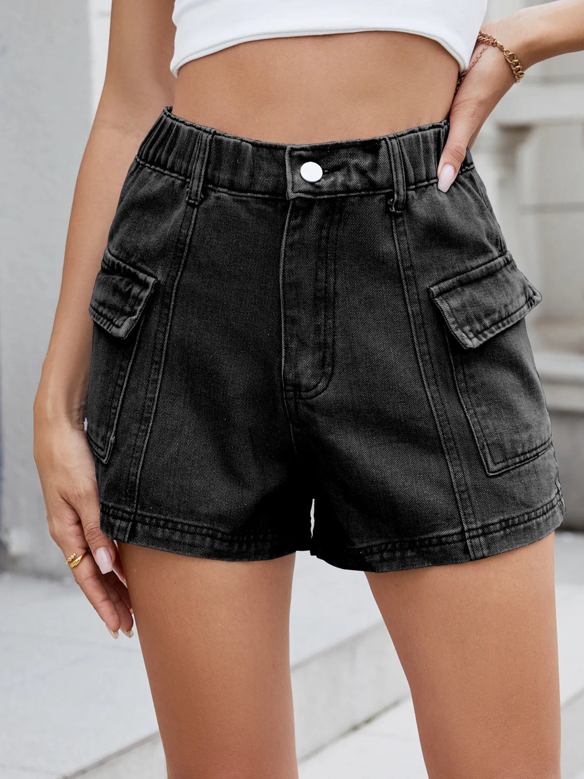 High Waist Cargo Denim Shorts (24)
