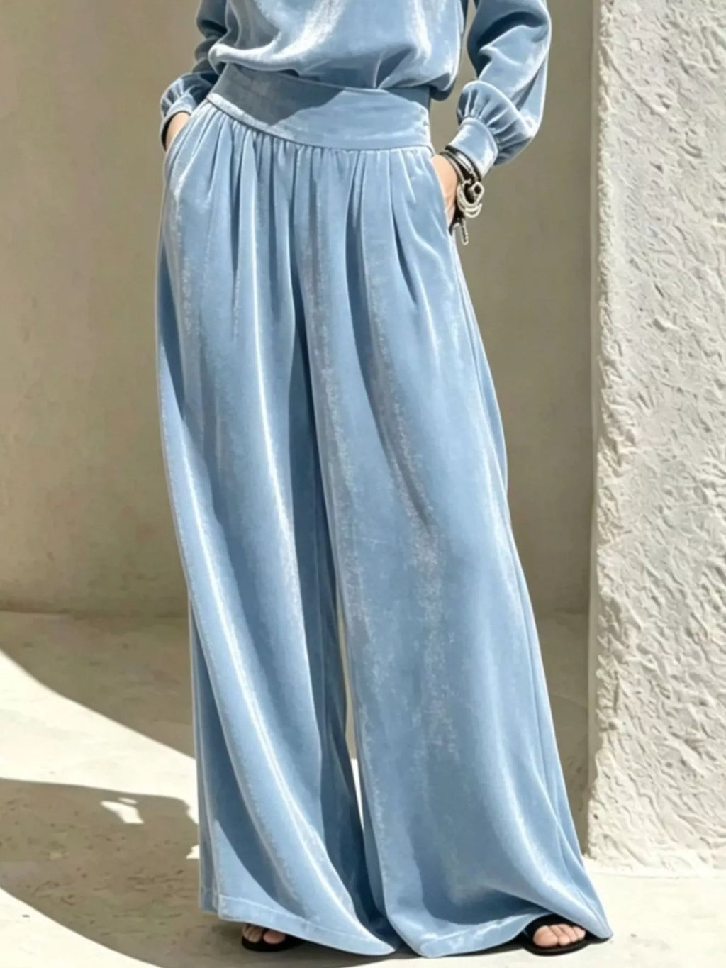 Velvet Mock Neck Long Sleeve Top Wide-leg Pants Set (3)