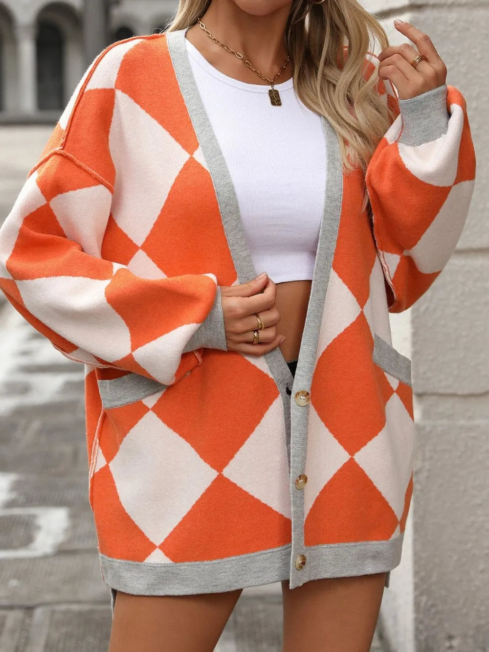 Checkered Dropped Shoulder Long Sleeve Cardigan (9)