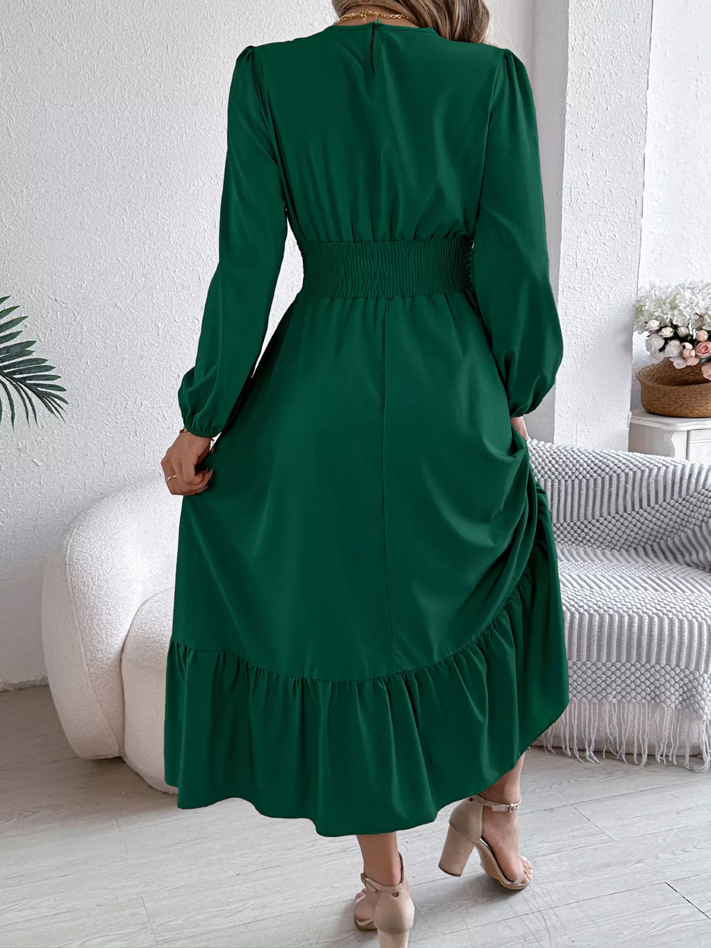 Round Neck Balloon Sleeve Tiered Dress (2)